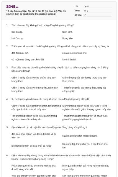 17 câu Trắc nghiệm Địa Lí 12 Bài 33 (có đáp án): Vấn đề chuyển dịch cơ cấu kinh tế theo ngành (phần 2)