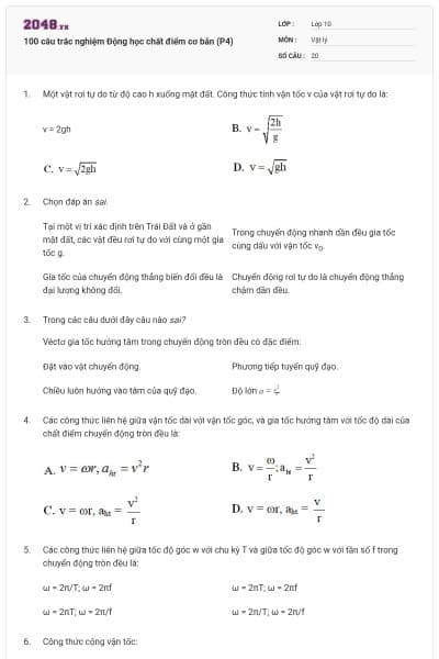100 câu trắc nghiệm Động học chất điểm cơ bản (P4)