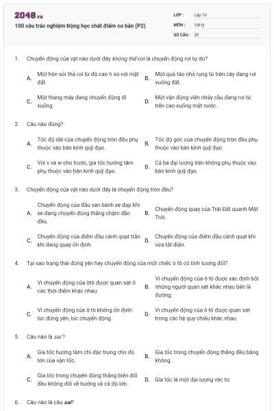 100 câu trắc nghiệm Động học chất điểm cơ bản (P2)