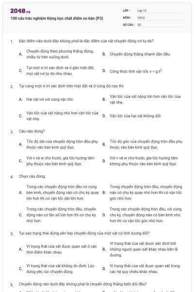100 câu trắc nghiệm Động học chất điểm cơ bản (P3)