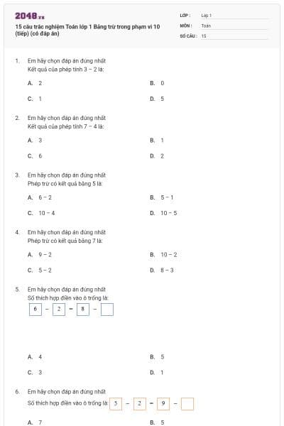 15 câu trắc nghiệm Toán lớp 1 Bảng trừ trong phạm vi 10 (tiếp) (có đáp án)