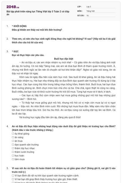 Bài tập phát triển năng lực Tiếng Việt lớp 3 Tuần 2 có đáp án