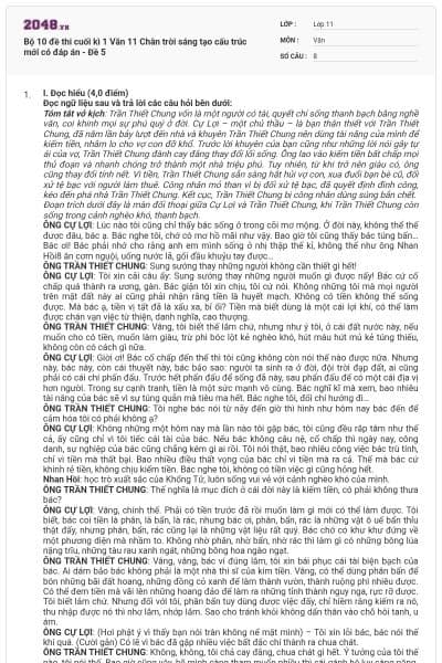 Bộ 10 đề thi cuối kì 1 Văn 11 Chân trời sáng tạo cấu trúc mới có đáp án - Đề 5