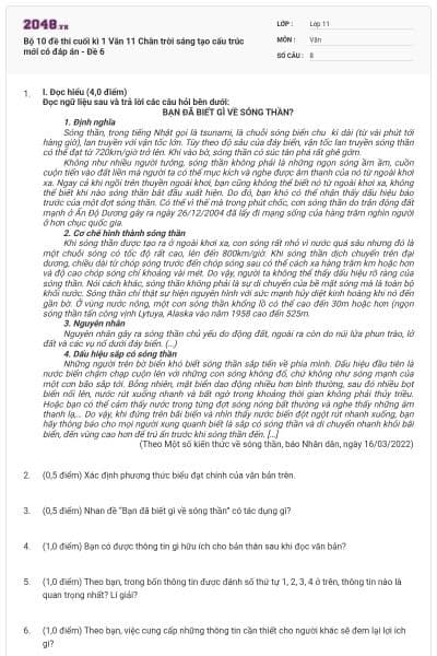 Bộ 10 đề thi cuối kì 1 Văn 11 Chân trời sáng tạo cấu trúc mới có đáp án - Đề 6