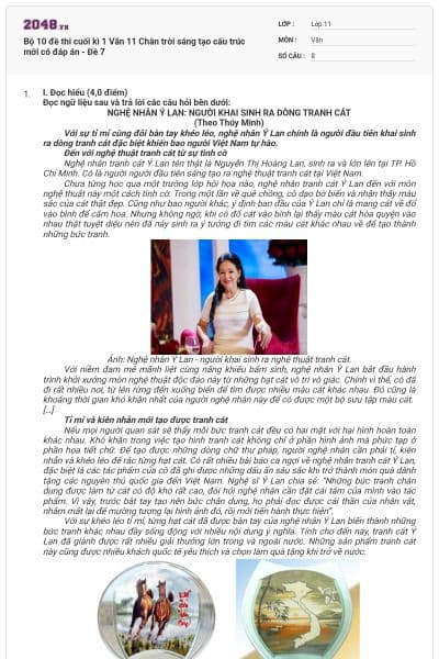 Bộ 10 đề thi cuối kì 1 Văn 11 Chân trời sáng tạo cấu trúc mới có đáp án - Đề 7