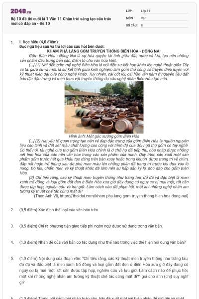 Bộ 10 đề thi cuối kì 1 Văn 11 Chân trời sáng tạo cấu trúc mới có đáp án - Đề 10