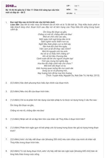 Bộ 10 đề thi giữa kỳ 2 Văn 11 Chân trời sáng tạo cấu trúc mới có đáp án - Đề 5