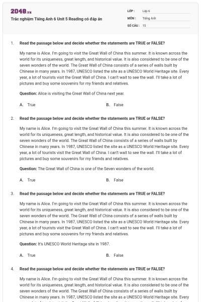 Trắc nghiệm Tiếng Anh 6 Unit 5 Reading có đáp án