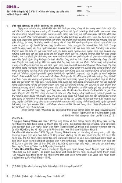 Bộ 10 đề thi giữa kỳ 2 Văn 11 Chân trời sáng tạo cấu trúc mới có đáp án - Đề 7