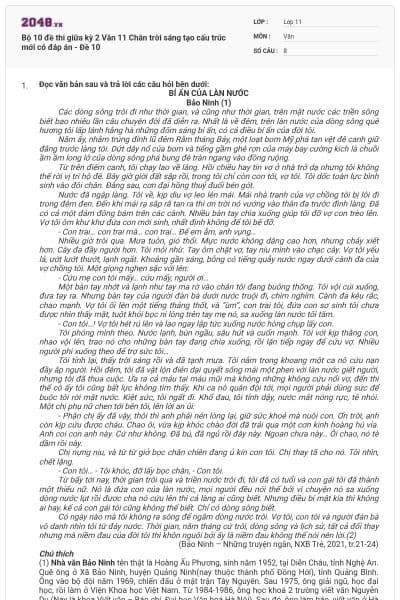 Bộ 10 đề thi giữa kỳ 2 Văn 11 Chân trời sáng tạo cấu trúc mới có đáp án - Đề 10