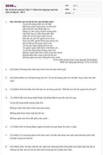 Bộ 10 đề thi cuối kỳ 2 Văn 11 Chân trời sáng tạo cấu trúc mới có đáp án - Đề 3