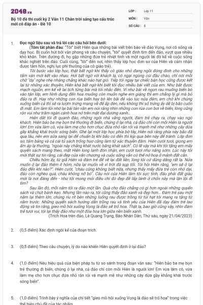 Bộ 10 đề thi cuối kỳ 2 Văn 11 Chân trời sáng tạo cấu trúc mới có đáp án - Đề 10