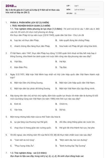 Bộ 2 đề thi giữa kì 2 Lịch sử & Địa lý 9 Kết nối tri thức cấu trúc mới có đáp án (Đề 2)