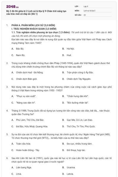 Bộ 2 đề thi giữa kì 2 Lịch sử & Địa lý 9 Chân trời sáng tạo cấu trúc mới có đáp án (Đề 1)