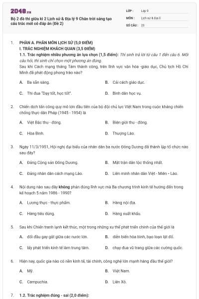 Bộ 2 đề thi giữa kì 2 Lịch sử & Địa lý 9 Chân trời sáng tạo cấu trúc mới có đáp án (Đề 2)