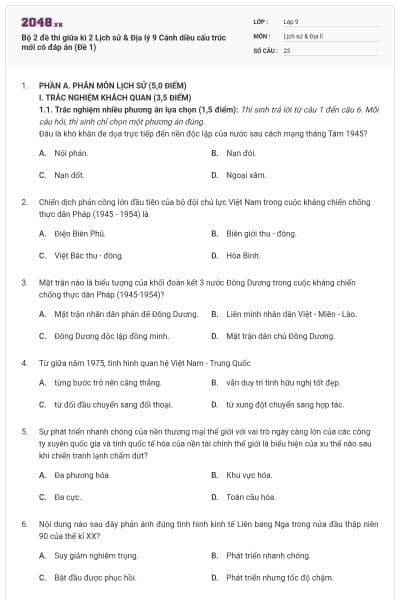 Bộ 2 đề thi giữa kì 2 Lịch sử & Địa lý 9 Cánh diều cấu trúc mới có đáp án (Đề 1)