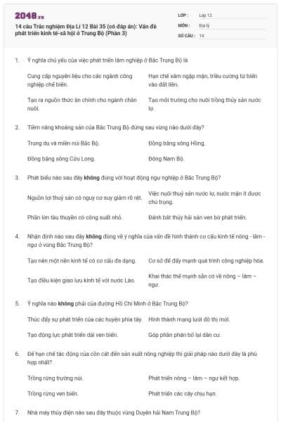 14 câu Trắc nghiệm Địa Lí 12 Bài 35 (có đáp án): Vấn đề phát triển kinh tế-xã hội ở Trung Bộ (Phần 3)