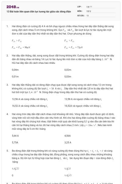13 Bài toán liên quan đến lực tương tác giữa các dòng điện