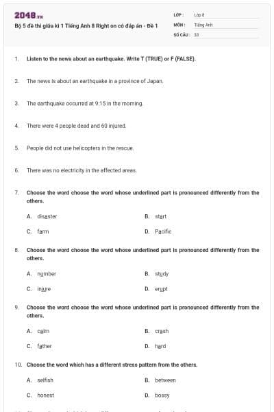 Bộ 5 đề thi giữa kì 1 Tiếng Anh 8 Right on có đáp án - Đề 1