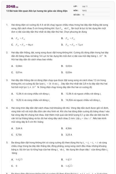 13 Bài toán liên quan đến lực tương tác giữa các dòng điện
