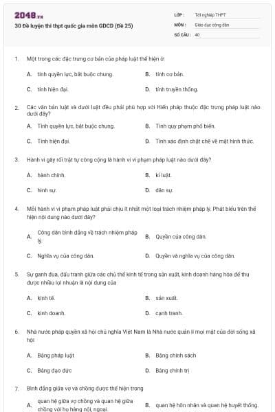 30 Đề luyện thi thpt quốc gia môn GDCD (Đề 25)
