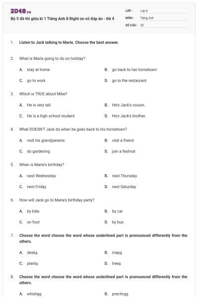 Bộ 5 đề thi giữa kì 1 Tiếng Anh 8 Right on có đáp án - Đề 4