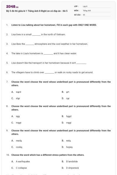 Bộ 5 đề thi giữa kì 1 Tiếng Anh 8 Right on có đáp án - Đề 5