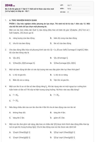 Bộ 3 đề thi giữa kì 1 Vật lí 11 Kết nối tri thức cấu trúc mới (có tự luận) có đáp án - Đề 1