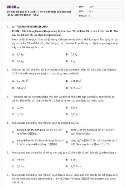Bộ 3 đề thi giữa kì 1 Vật lí 11 Kết nối tri thức cấu trúc mới (có tự luận) có đáp án - Đề 2