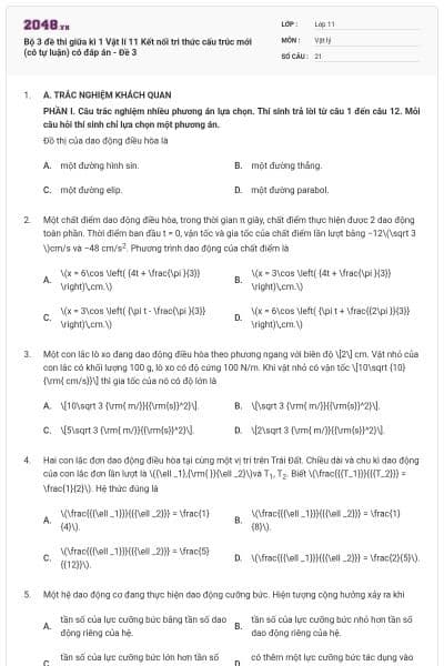 Bộ 3 đề thi giữa kì 1 Vật lí 11 Kết nối tri thức cấu trúc mới (có tự luận) có đáp án - Đề 3
