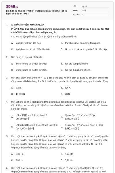 Bộ 3 đề thi giữa kì 1 Vật lí 11 Cánh diều cấu trúc mới (có tự luận) có đáp án - Đề 1