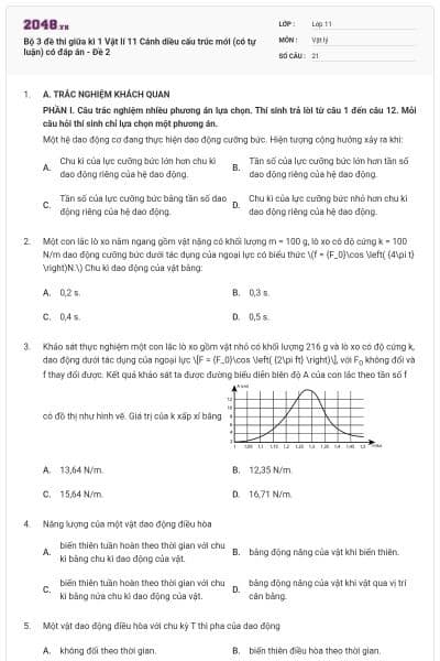 Bộ 3 đề thi giữa kì 1 Vật lí 11 Cánh diều cấu trúc mới (có tự luận) có đáp án - Đề 2