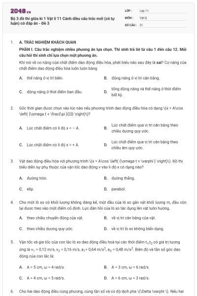 Bộ 3 đề thi giữa kì 1 Vật lí 11 Cánh diều cấu trúc mới (có tự luận) có đáp án - Đề 3