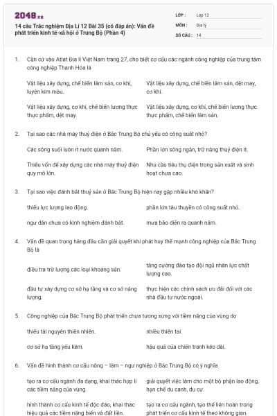 14 câu Trắc nghiệm Địa Lí 12 Bài 35 (có đáp án): Vấn đề phát triển kinh tế-xã hội ở Trung Bộ (Phần 4)