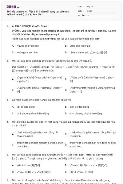 Bộ 3 đề thi giữa kì 1 Vật lí 11 Chân trời sáng tạo  cấu trúc mới (có tự luận) có đáp án - Đề 1