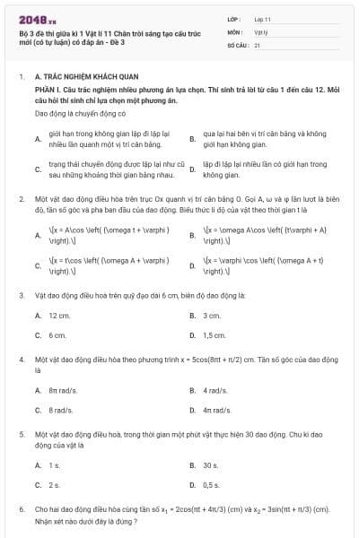 Bộ 3 đề thi giữa kì 1 Vật lí 11 Chân trời sáng tạo  cấu trúc mới (có tự luận) có đáp án - Đề 3