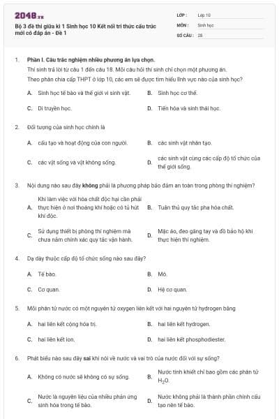 Bộ 3 đề thi giữa kì 1 Sinh học 10 Kết nối tri thức cấu trúc mới có đáp án - Đề 1
