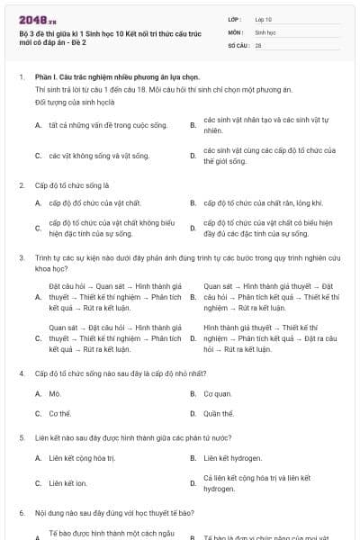 Bộ 3 đề thi giữa kì 1 Sinh học 10 Kết nối tri thức cấu trúc mới có đáp án - Đề 2