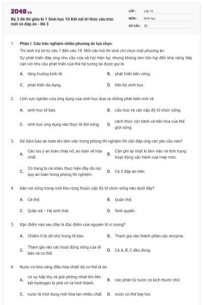 Bộ 3 đề thi giữa kì 1 Sinh học 10 Kết nối tri thức cấu trúc mới có đáp án - Đề 3