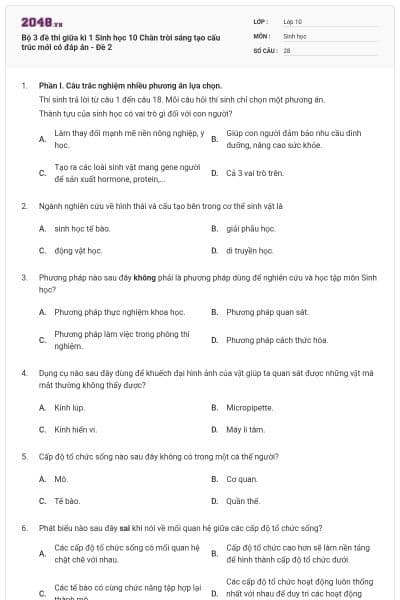 Bộ 3 đề thi giữa kì 1 Sinh học 10 Chân trời sáng tạo cấu trúc mới có đáp án - Đề 2