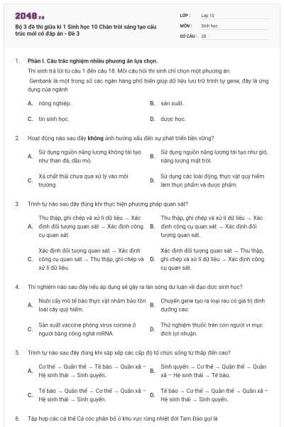 Bộ 3 đề thi giữa kì 1 Sinh học 10 Chân trời sáng tạo cấu trúc mới có đáp án - Đề 3