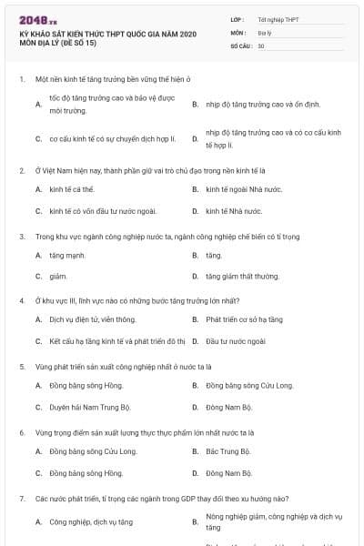KỲ KHẢO SÁT KIẾN THỨC THPT QUỐC GIA NĂM 2020 MÔN ĐỊA LÝ (ĐỀ SỐ 15)