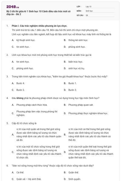 Bộ 3 đề thi giữa kì 1 Sinh học 10 Cánh diều cấu trúc mới có đáp án - Đề 2