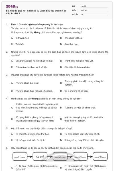 Bộ 3 đề thi giữa kì 1 Sinh học 10 Cánh diều cấu trúc mới có đáp án - Đề 3