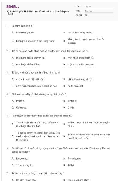 Bộ 4 đề thi giữa kì 1 Sinh học 10 Kết nối tri thức có đáp án - Đề 3