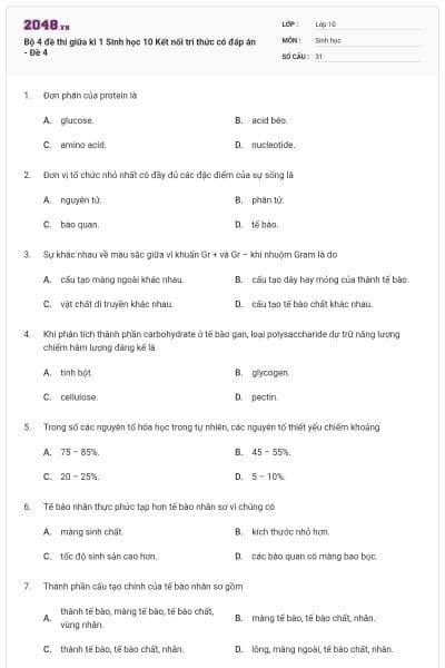 Bộ 4 đề thi giữa kì 1 Sinh học 10 Kết nối tri thức có đáp án - Đề 4