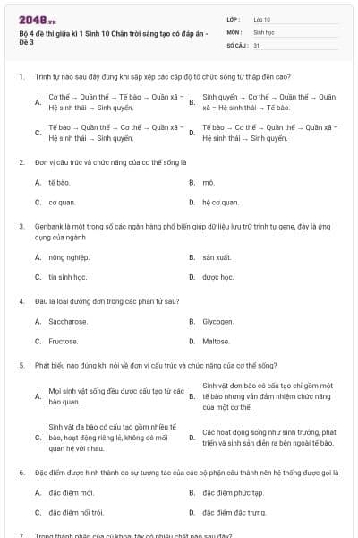 Bộ 4 đề thi giữa kì 1 Sinh 10 Chân trời sáng tạo có đáp án - Đề 3