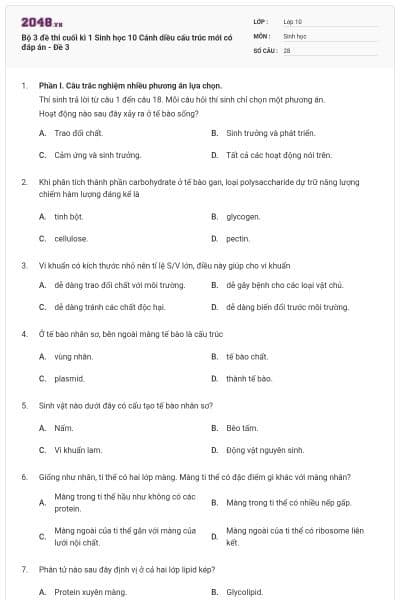 Bộ 3 đề thi cuối kì 1 Sinh học 10 Cánh diều cấu trúc mới có đáp án - Đề 3