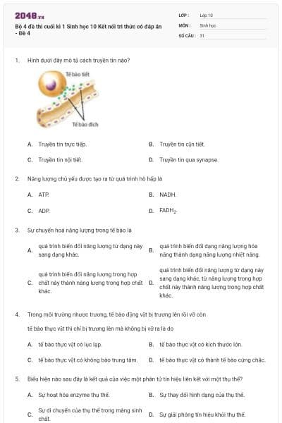 Bộ 4 đề thi cuối kì 1 Sinh học 10 Kết nối tri thức có đáp án - Đề 4