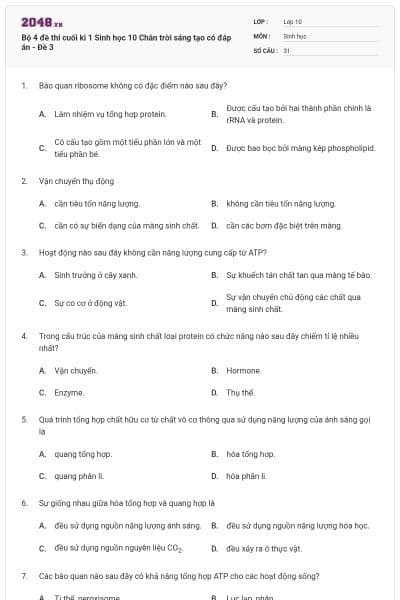 Bộ 4 đề thi cuối kì 1 Sinh học 10 Chân trời sáng tạo có đáp án - Đề 3